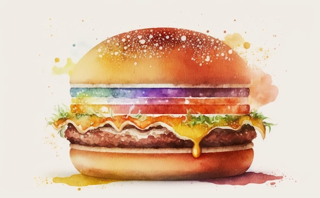 a drawn cheeseburger on white background watercolor fast food illustrations ai generated