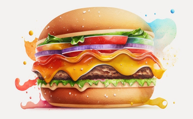 a drawn cheeseburger on white background watercolor fast food illustrations ai generated