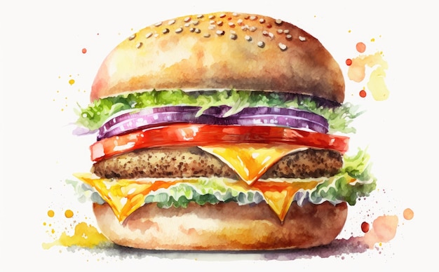 a drawn cheeseburger on yellow background watercolor fast food illustrations ai generated