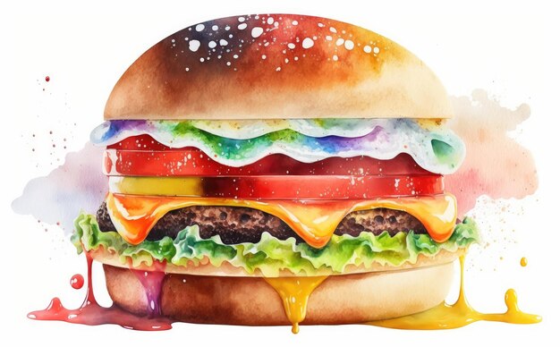 a drawn cheeseburger on yellow background watercolor fast food illustrations ai generated