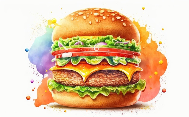 a drawn cheeseburger on yellow background watercolor fast food illustrations ai generated