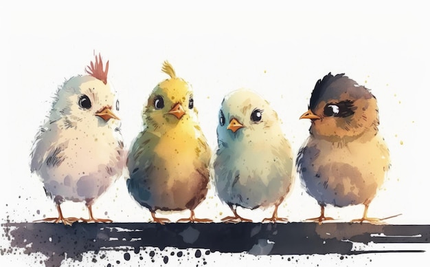 drawn chickens on white background watercolor domestic animals illustrations ai generated