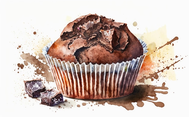 A drawn chocolate muffin cupcake on white background watercolor pastry illustrations ai generated