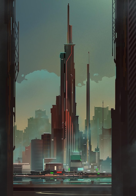 Drawn fantastic colored skyscraper in the city by the river in cyberpunk style