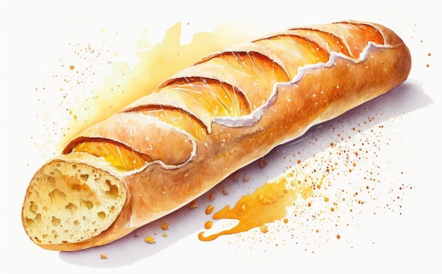 drawn french baguette on white background watercolor french bread illustrations ai generated