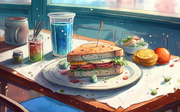 Drawn fresh healthy sandwich for breakfast watercolor breakfast food ai generated