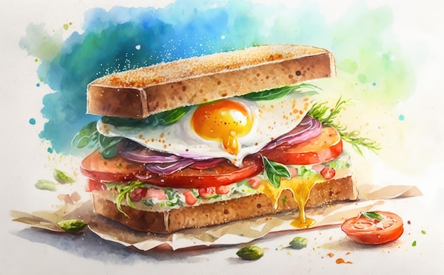 Drawn fresh healthy sandwich for breakfast watercolor breakfast food illustrations ai generated