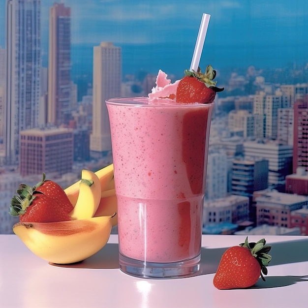 Drawn fruit smoothie in a glass glass closeup on the background of the city Generative ai