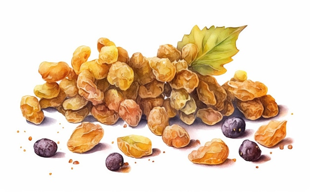 Drawn grapes and raisins on white background watercolor organic food illustrations ai generated