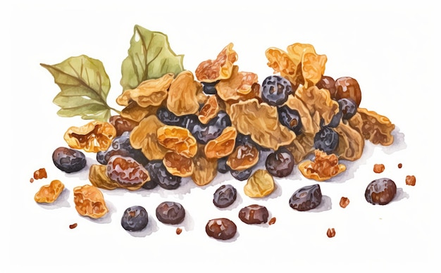 Drawn grapes and raisins on white background watercolor organic food illustrations ai generated