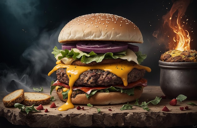 Drawn hamburger with meat cheese and herbs smoke and fire Generative AI