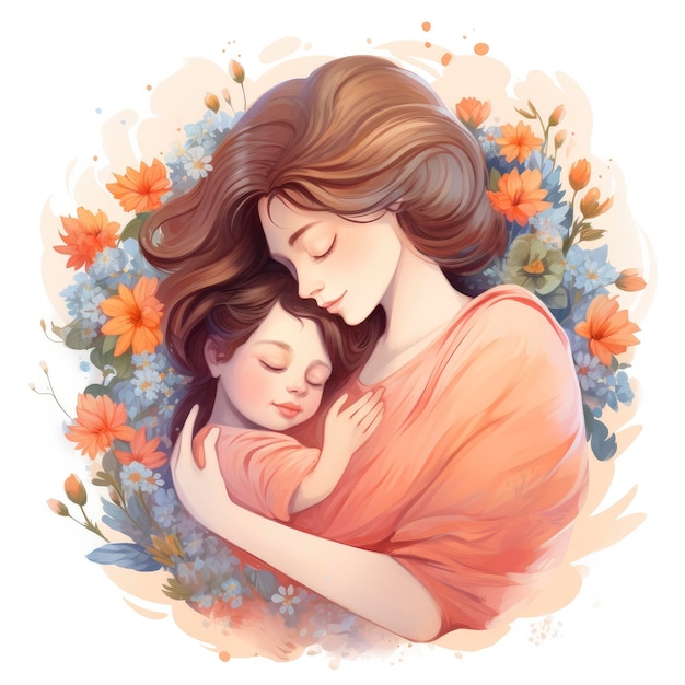 Drawn Illustration of Mother and Child Hugging Femi