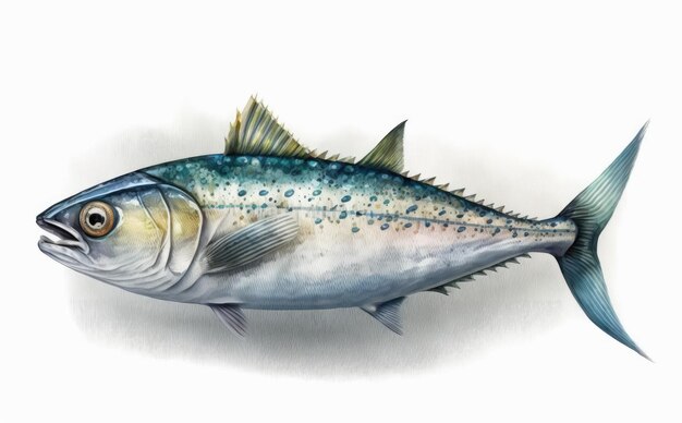 A drawn mackerel on white background watercolor organic seafood illustrations ai generated