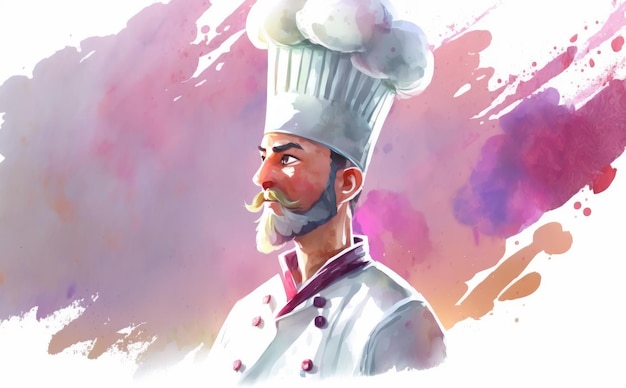 a drawn man chef on white background watercolor restaurant illustrations ai generated