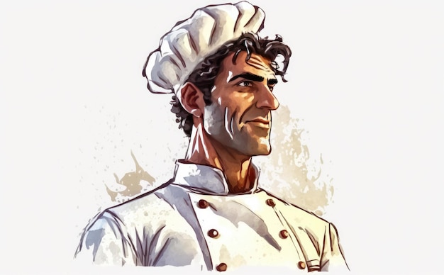 a drawn man chef on white background watercolor restaurant illustrations ai generated