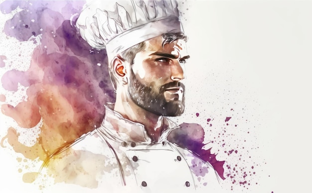 a drawn man chef on white background watercolor restaurant illustrations ai generated