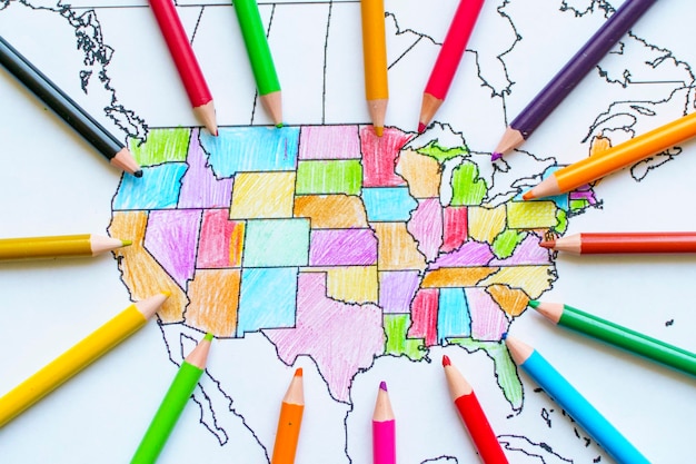 Photo drawn map of the usa colored map of america for kids with pencils high quality photo