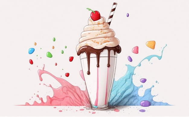 a drawn milkshake on white background watercolor sweets food illustrations ai generated