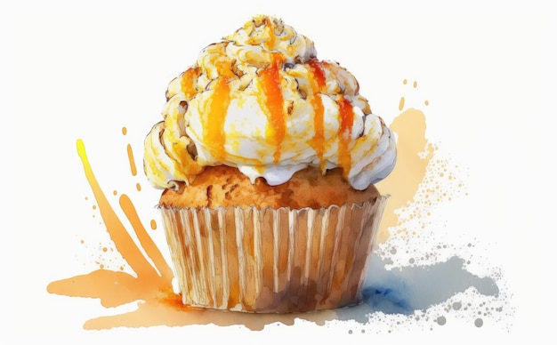 A drawn muffin with a whipped cream cupcake on white background watercolor pastry ai generated