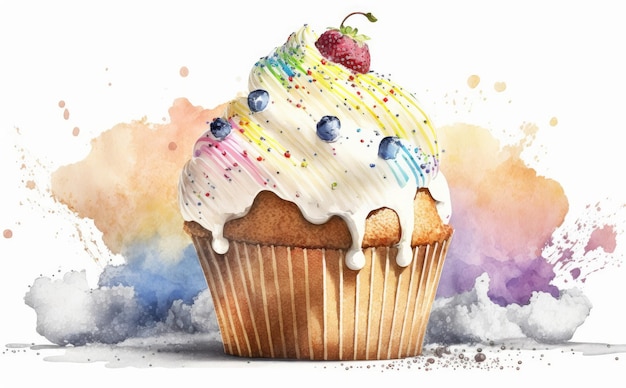 A drawn muffin with a whipped cream cupcake on white background watercolor pastry ai generated