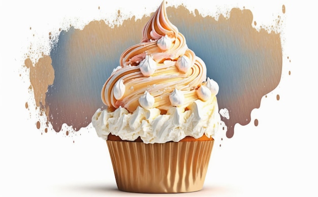 A drawn muffin with a whipped cream cupcake on white background watercolor pastry ai generated