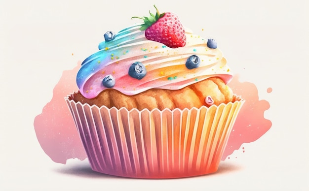 A drawn muffin with a whipped cream cupcake on white background watercolor pastry ai generated