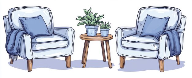 Photo drawn in one line continuously showing an armchair and a table with a vase filled with plants