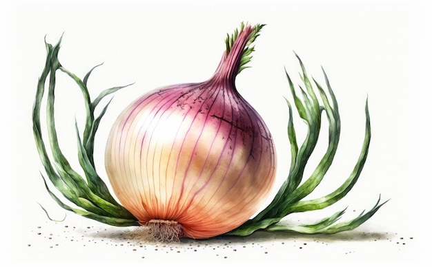 a drawn onion on white background watercolor vegetables organic illustrations ai generated