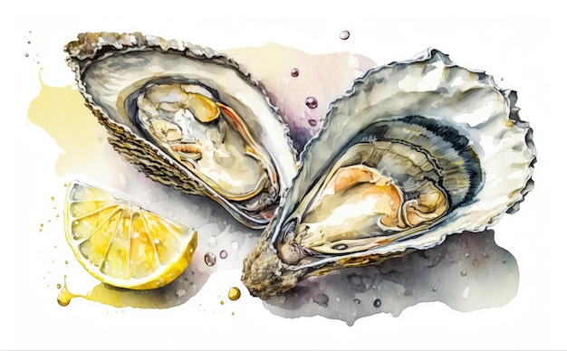 A drawn oysters on white background watercolor organic seafood illustrations ai generated