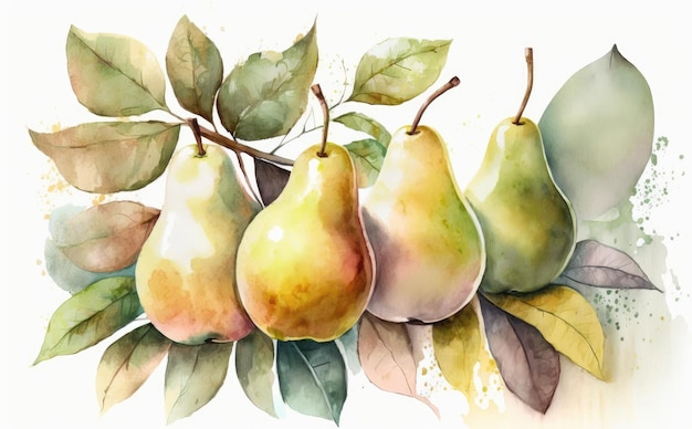 A drawn pears on white background watercolor fruit organic food illustrations ai generated