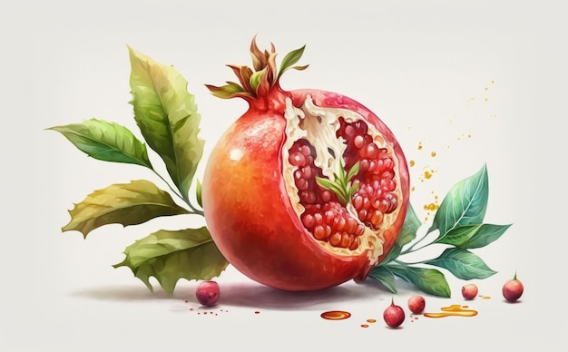 A drawn pomegranate on white background watercolor fruit organic food illustrations ai generated