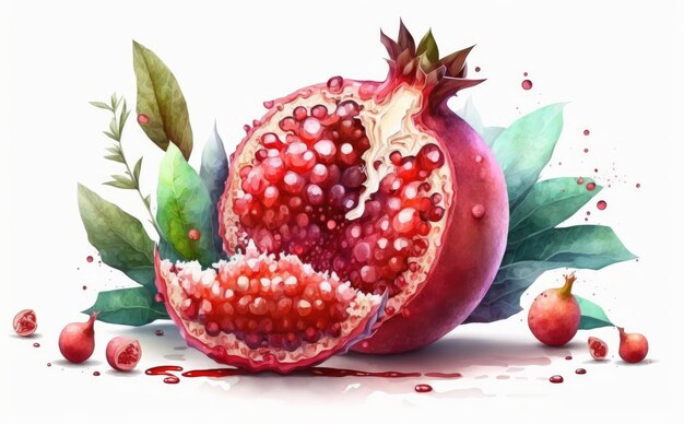 A drawn pomegranate on white background watercolor fruit organic food illustrations ai generated