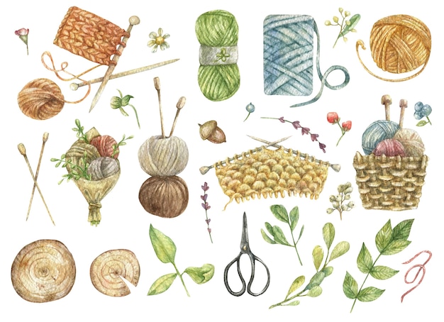 A drawn set of elements of needlework knitting A ball of thread knitting needles yarn flowers herbs a basket of yarn a bouquet of threads scissors wooden cuts