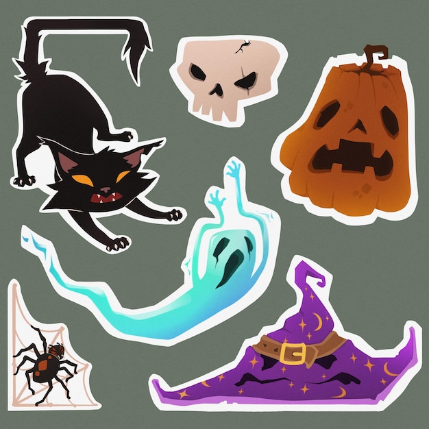 Photo drawn style spooky set featuring black cat skull ghost and witchs hat ideal for halloween sticker