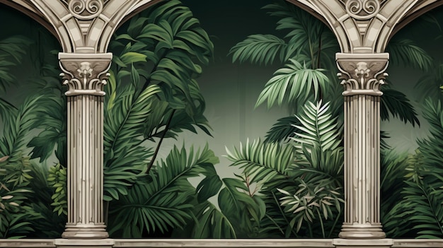 Drawn tropical exotic plants and leaves among