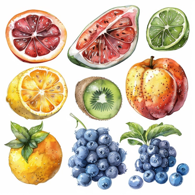 Drawn with watercolor on a white background a set of tropical fruits