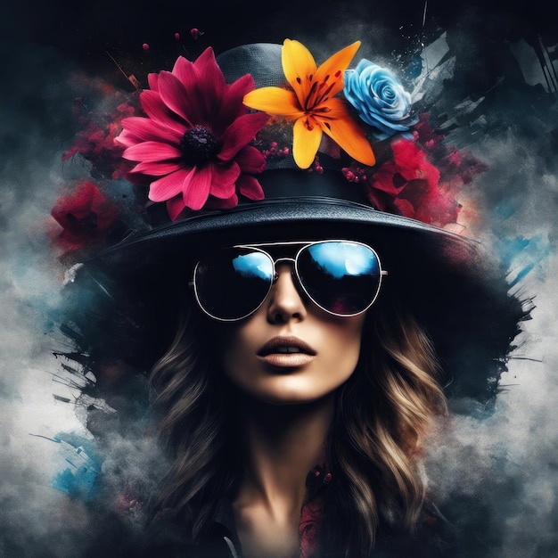 A drawn woman in a leather hat leather jacket and sunglasses surrounded by flowers AI Generated