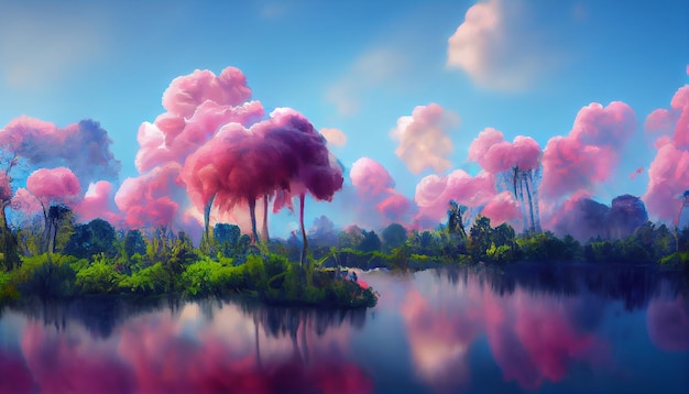 Dream beautiful landscape with hilly island against fluffy pink clouds