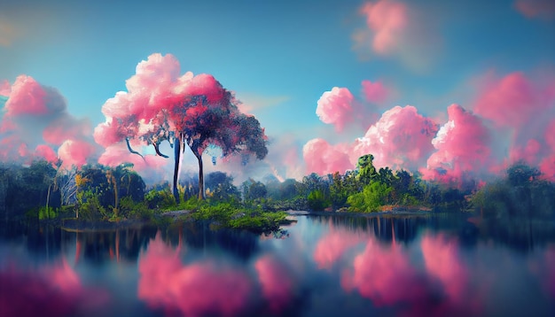 Dream beautiful landscape with hilly island against fluffy pink clouds