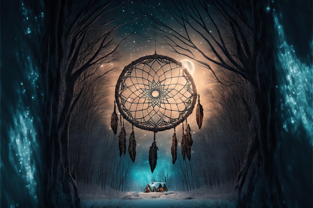 Dream catcher glowing in night sky above fairy tale winter forest created with generative ai