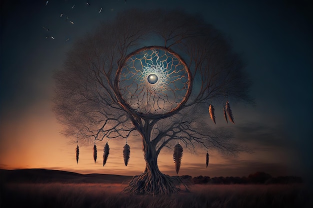 Dream catcher hanging on lone tree in mysterious wind and light at dusk created with generative ai