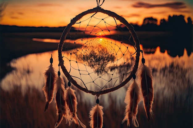 Dream catcher with blurred nature landscape at sunset in background created with generative ai