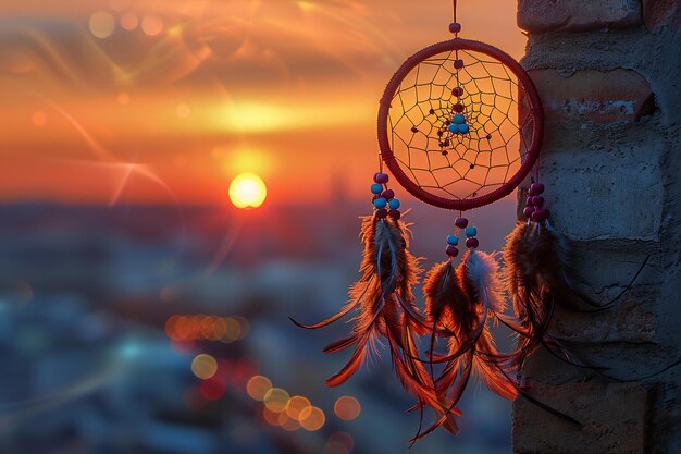 a dream catcher with feathers hanging from a lamp post at sunset