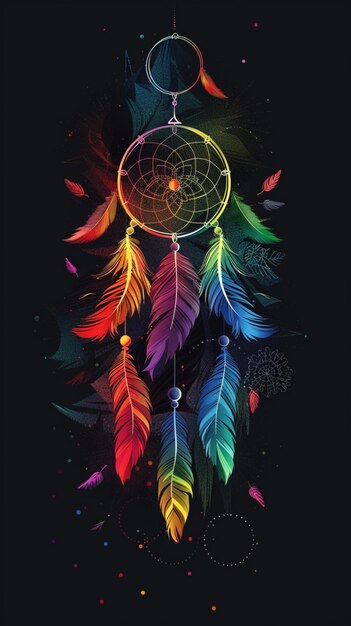 dream catcher with rainbow colored feathers on a black background