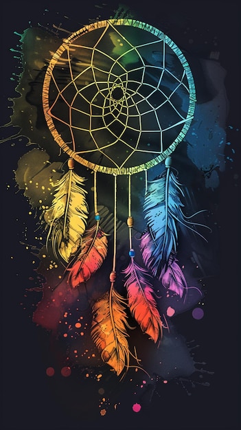 dream catcher with rainbow colored feathers on a black background