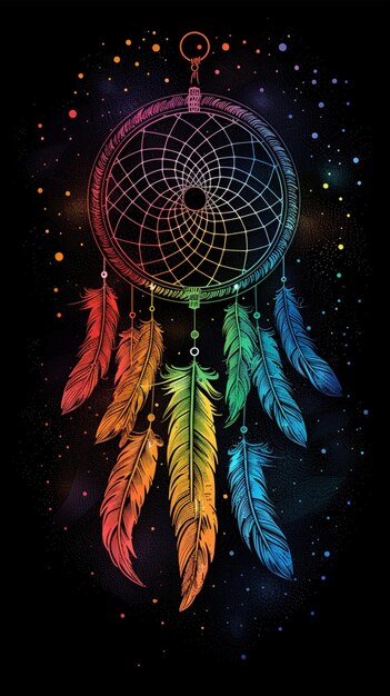 dream catcher with rainbow colored feathers on a black background