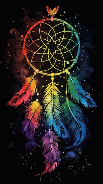 dream catcher with rainbow colored feathers on a black background