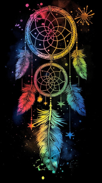 dream catcher with rainbow colored feathers on a black background