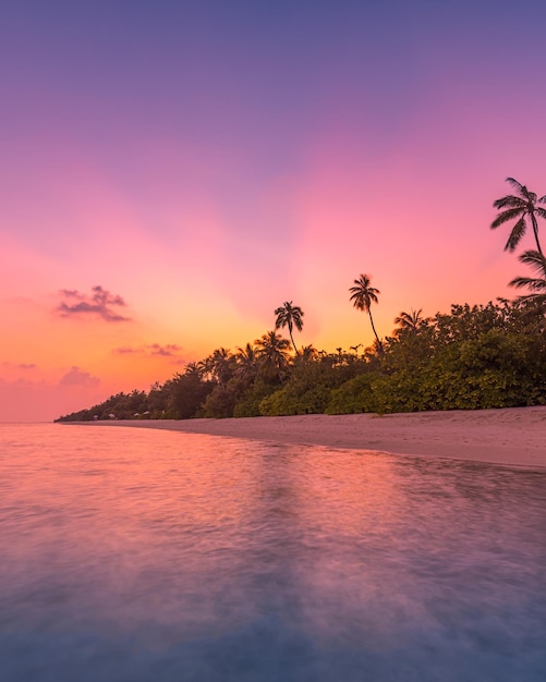 Dream fantasy majestic sunset beach landscape. Tropical island calm sea palm trees colorful sun rays