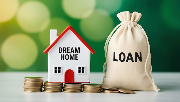 Photo dream home and loan concept model house with dream home text and money bag with loan text surrounded by coins on green background real estate mortgage and financial planning